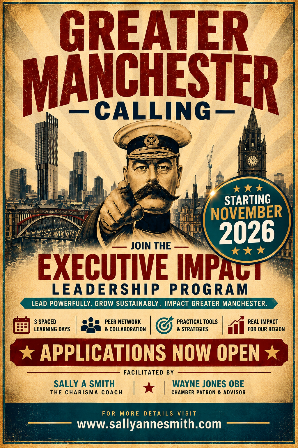 Greater Manchester Calling poster: Executive Impact Leadership Programme, starting November 2026. Applications now open.